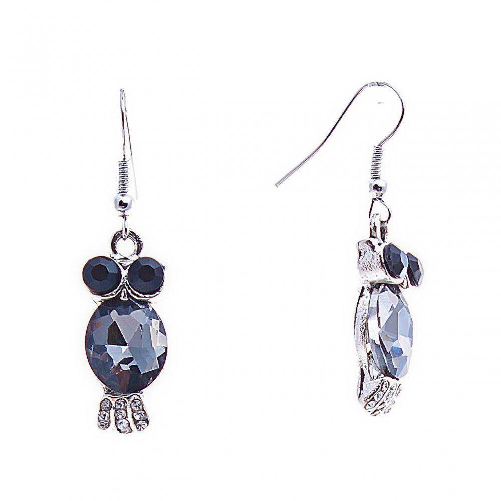 

Серьги-подвески "Совы" со черными стразами глаз и серым кристаллом-тельцем 40*10мм