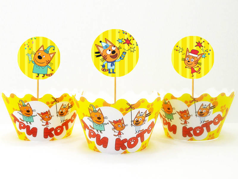 

Набор для капкейков: "Три кота" топперы и накладки на корзинки (10+10)(Картон)-