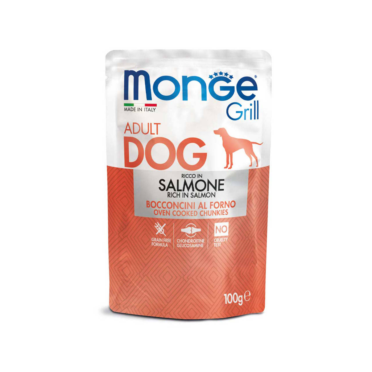 

Monge Dog GRILL Adult Вкусные кусочки в желе из запеченного лосося для собак 100 гр
