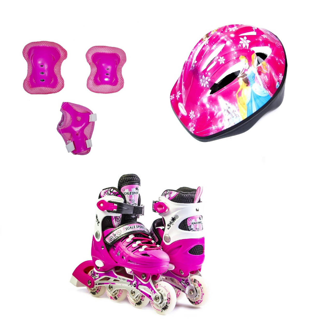 

Комплект детских роликов Бело-Розового цвета с защитой и шлемом Scale Sport. Размер 29-33, Розовый