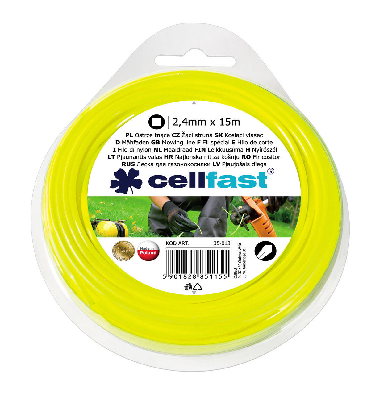 

Леска для триммера Целфаст Cellfast 2,4 мм 15м квадрат 35-013