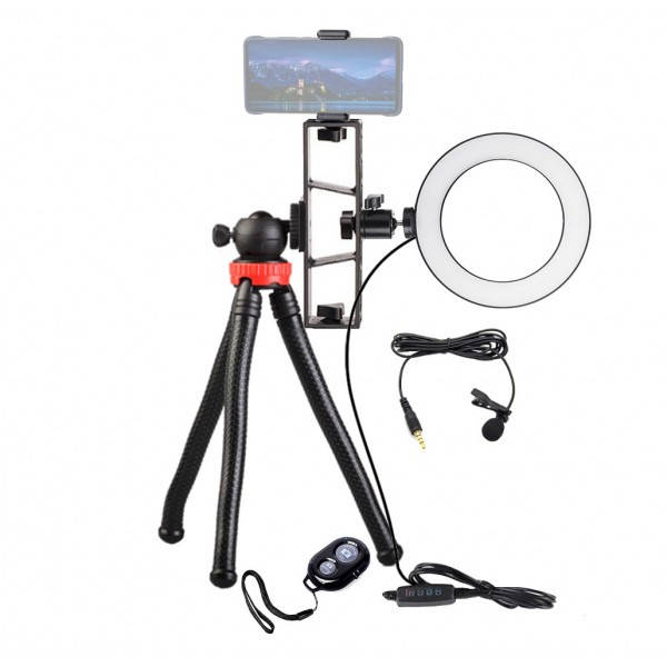 

Набор блогера на штативе с кольцевой лампой и петличным микрофоном, Черный