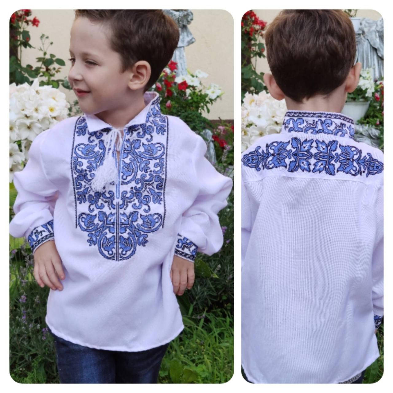 

Вышиванка для мальчика "Всеволод" с голубой вышивкой, на домотканом полотне, размеры 6-12 лет