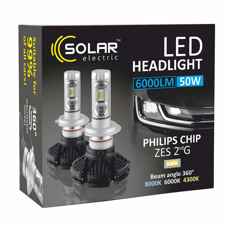 

Лампа LED H7 радиатор 6000Lm "Solar" 8807 /Philips ZES/50W/6000K(пленки в к-те)/IP67/9-32v (2шт)