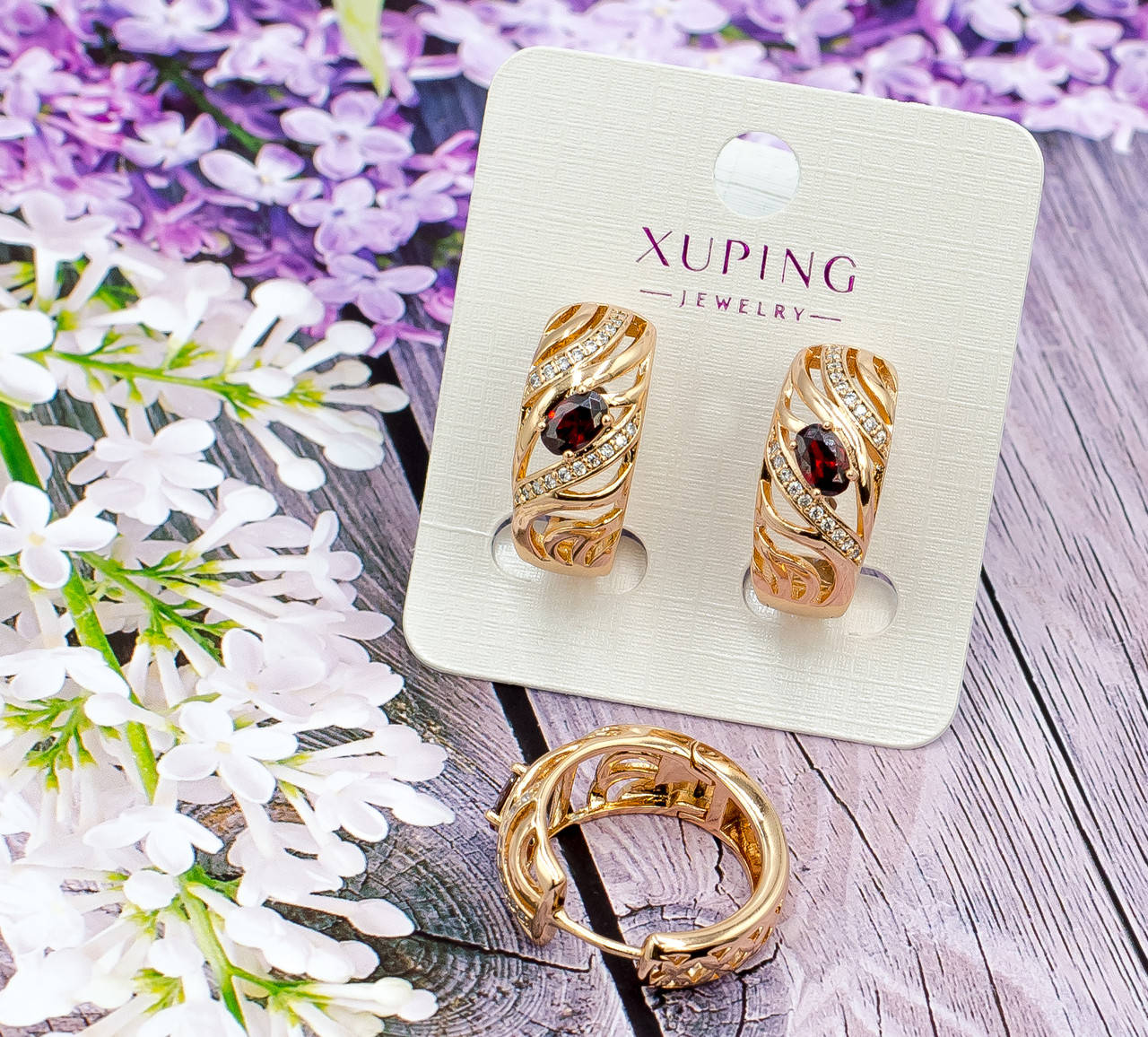 

Серьги круглые Xuping с красным и белыми фианитами - позолота 18К.