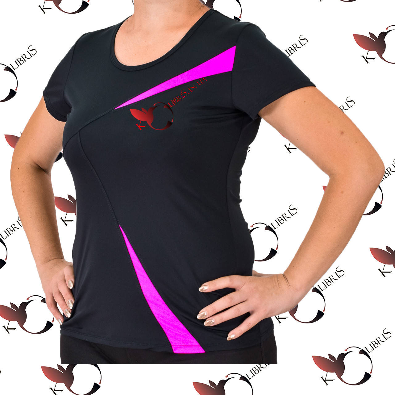 

Футболка женская спортивная большие размеры с ассиметричными ярко-розовыми вставками 54, Черный