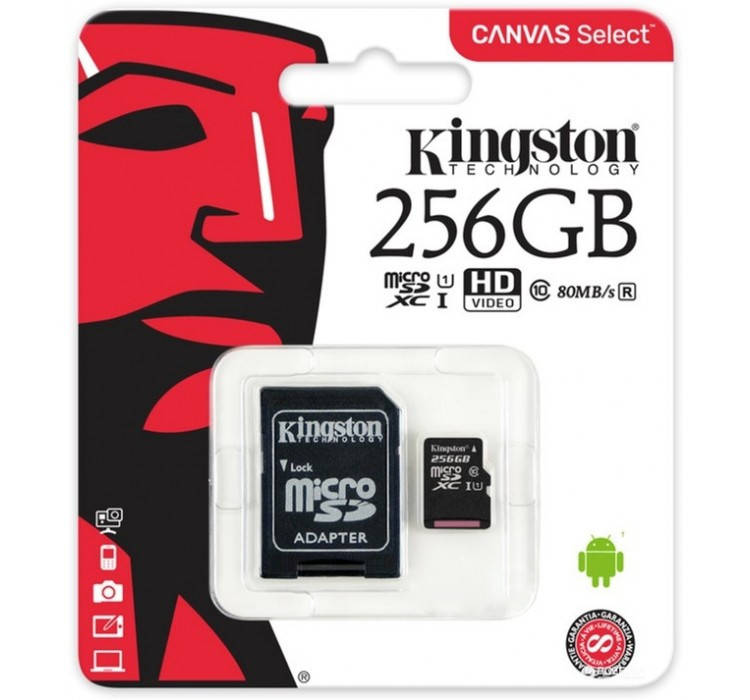 

Карта памяти Kingston microSDXC 256GB Canvas Select Class 10 UHS-I U1 + SD адаптер