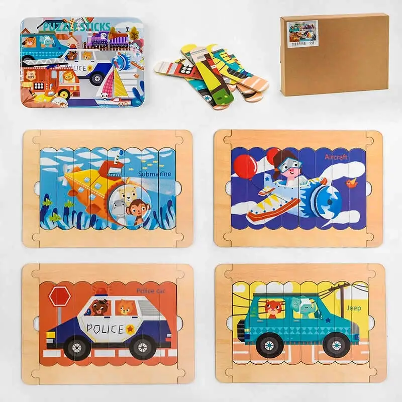 

Деревянная игра С 47009 “Транспорт”, 4 вида в коробке, пазлы-палочки, двухсторонние, в коробке