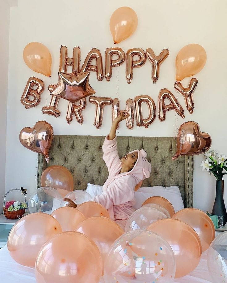 

Набор шаров на день рождения цвет розовое золото для девушки буквы Happy Birthday, шарики