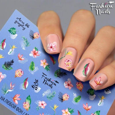 

Слайдер дизайн наклейки на ногти для маникюра водные Fashion Nails aero 56 листочки цветы, Розовый