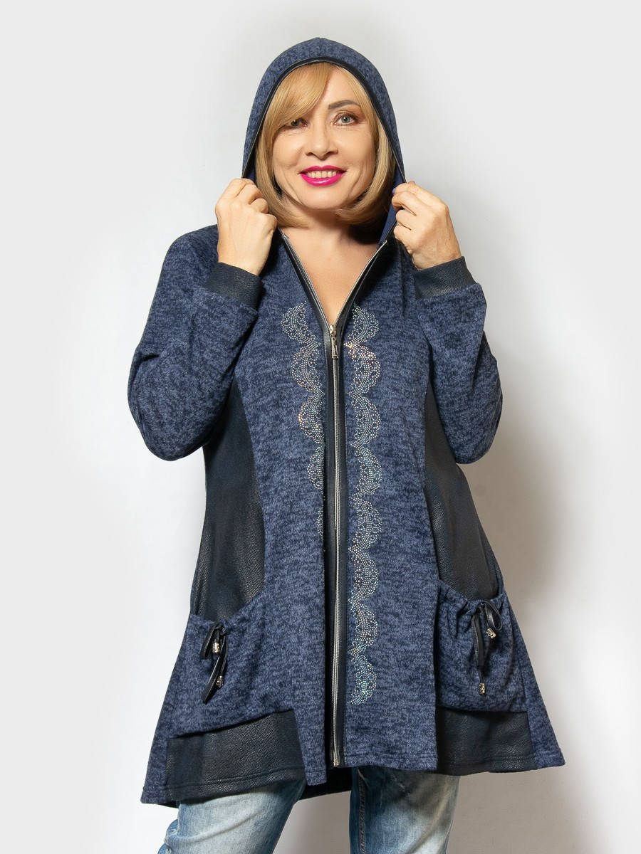 

Кардиган женский на молнии и с капюшоном. Размеры 54, 56, 58, 60, Синий