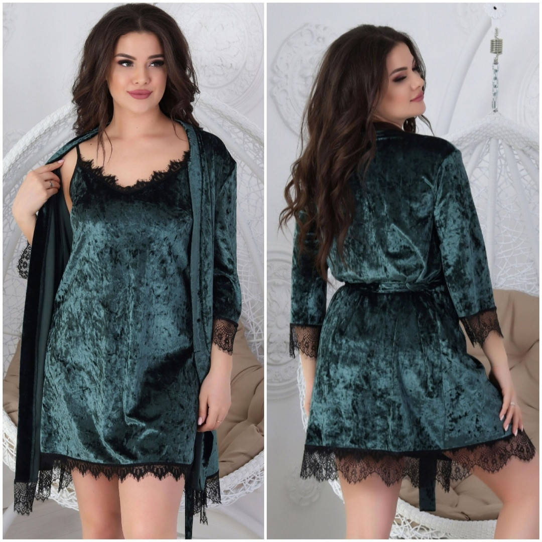 

Велюровый комплект ночная рубашка и халат 25 (ЛТ), Морская волна