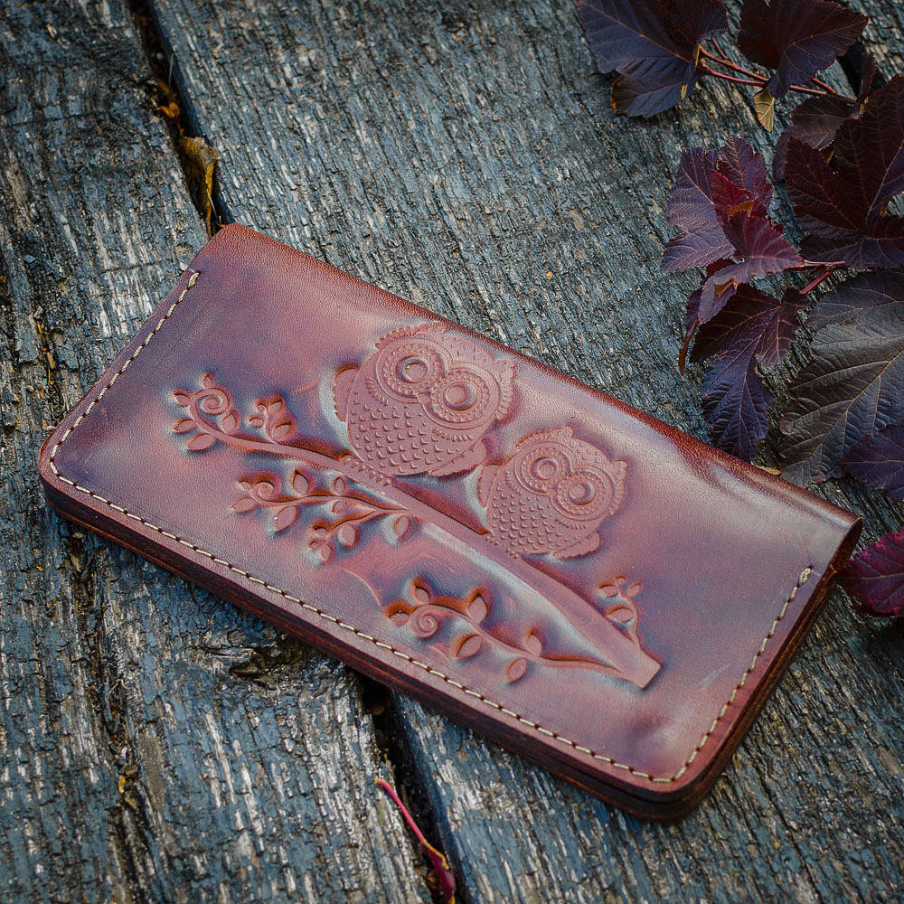 

Кошелек женский кожаный ручной работы KAFA "Совы" коричневый (fb)