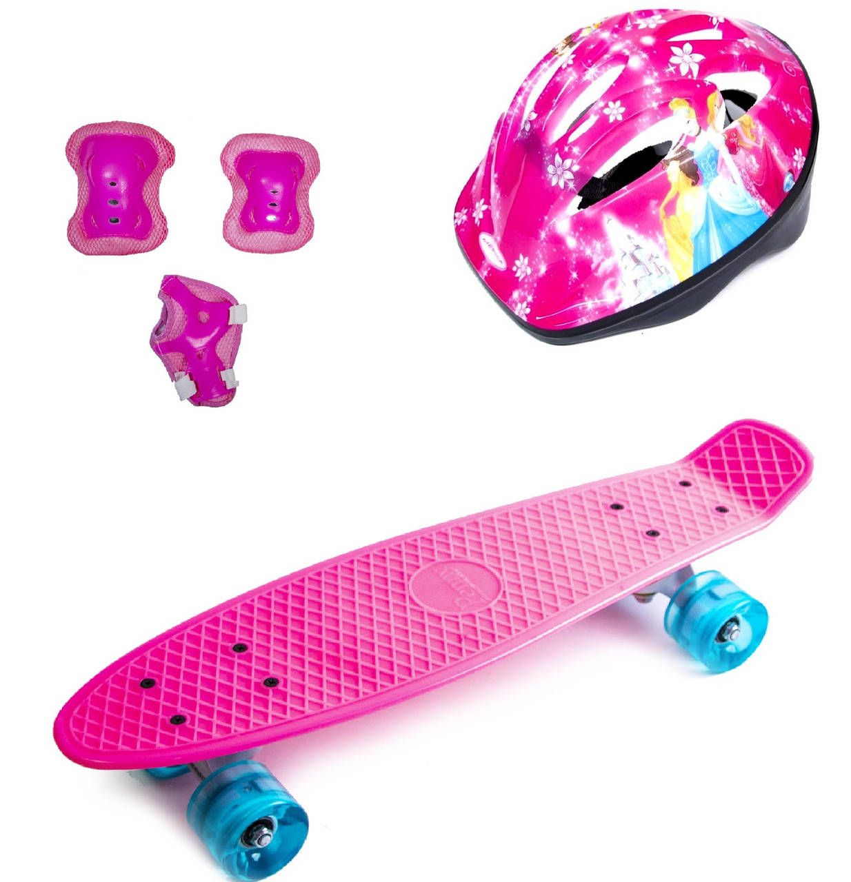 

Набор СкейтБорд Penny Board. Малиновый + защита + шлем. Колеса светятся при катании!, Розовый