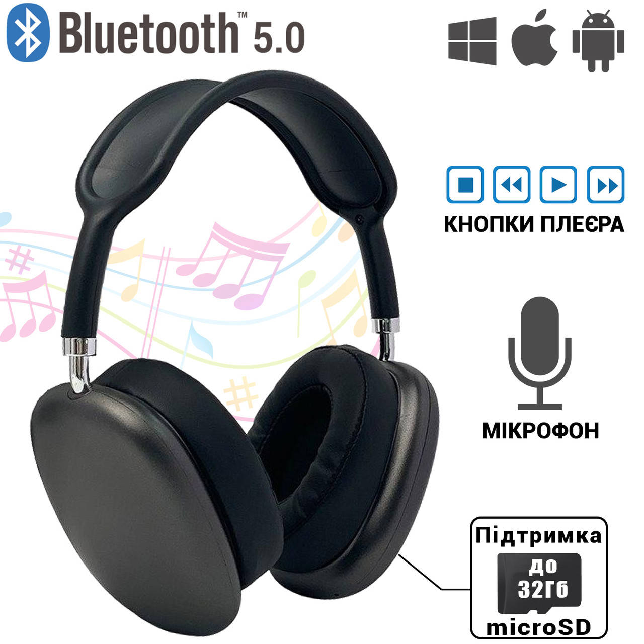 

Беспроводные Bluetooth наушники-гарнитура с оголовьем Macaron с MP3/AUX/microSD Черные YLW