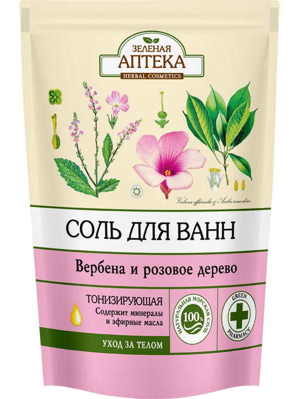 

Соль для ванн Вербена и розовое дерево 500гр Зеленая Аптека