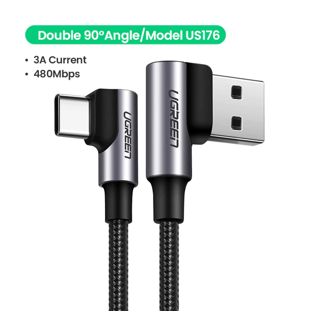 

Кабель для телефона 90 градусов USB - USB Type C Ugreen 1м 90°x2 US176, Черный