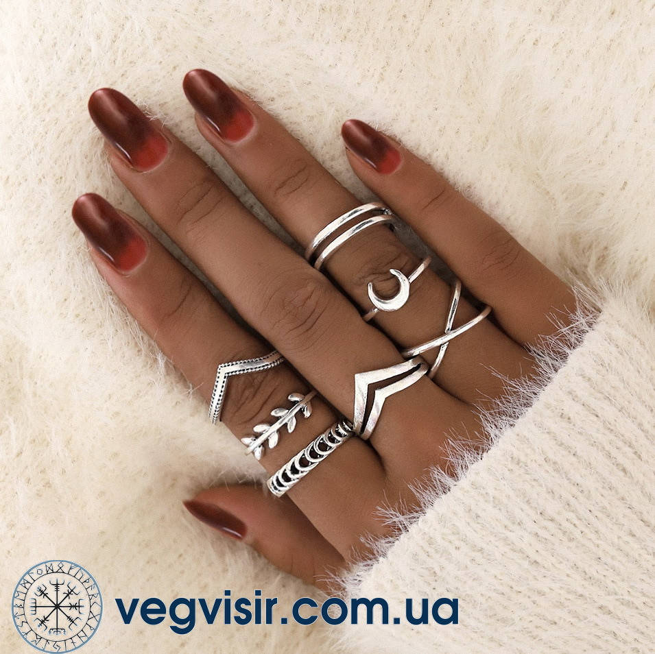 

Набор женских колец 7 шт на фаланги костяшки регулируемые геометрические луна листья комплект