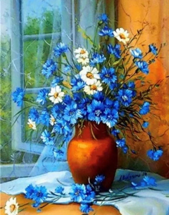 

Алмазная вышивка. Картина на подрамнике "Васильки и ромашки" , размер 40х50