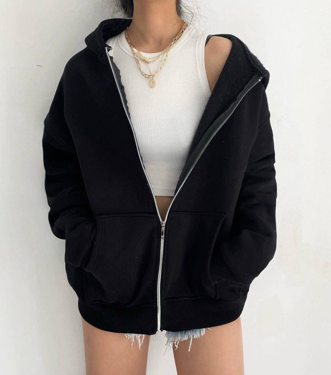 

Женское оверсайз худи на молнии с капюшоном, в расцветках Черный, 42/44