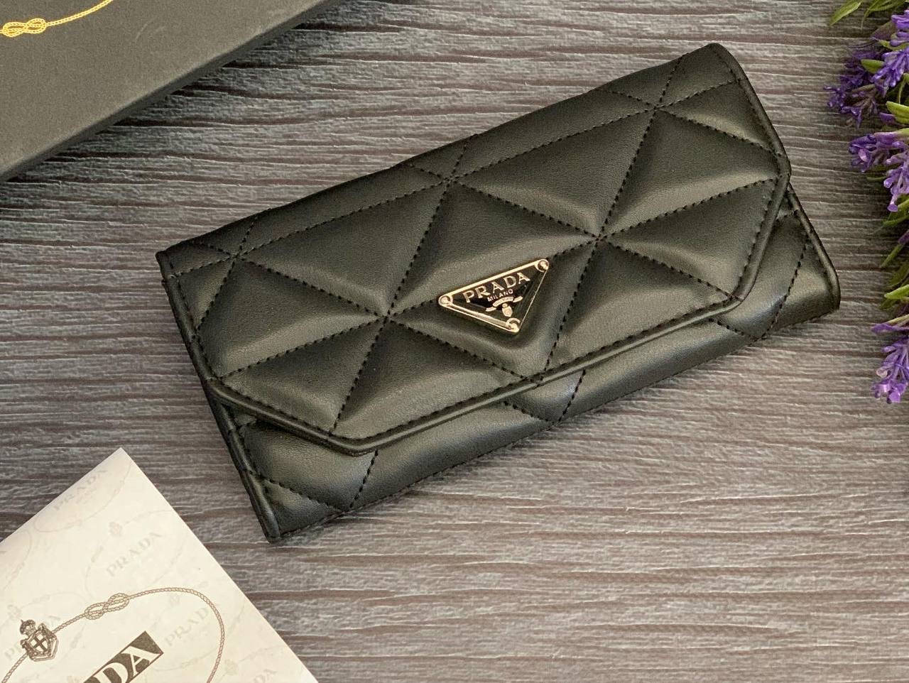 

Модный женский чёрный кожаный кошелёк для денег Prada Прада, Черный