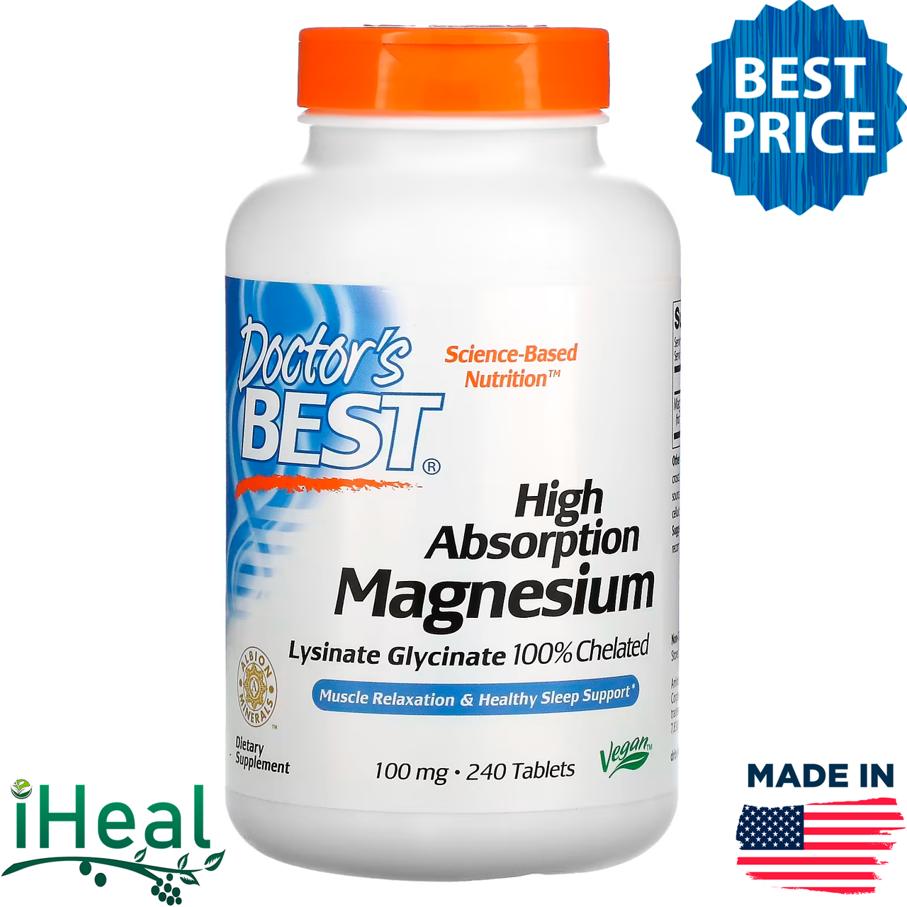 

Doctor's Best, 100%-ный хелатный легкоусвояемый магний с микроэлементами Albion, 100 мг, 240 таблеток