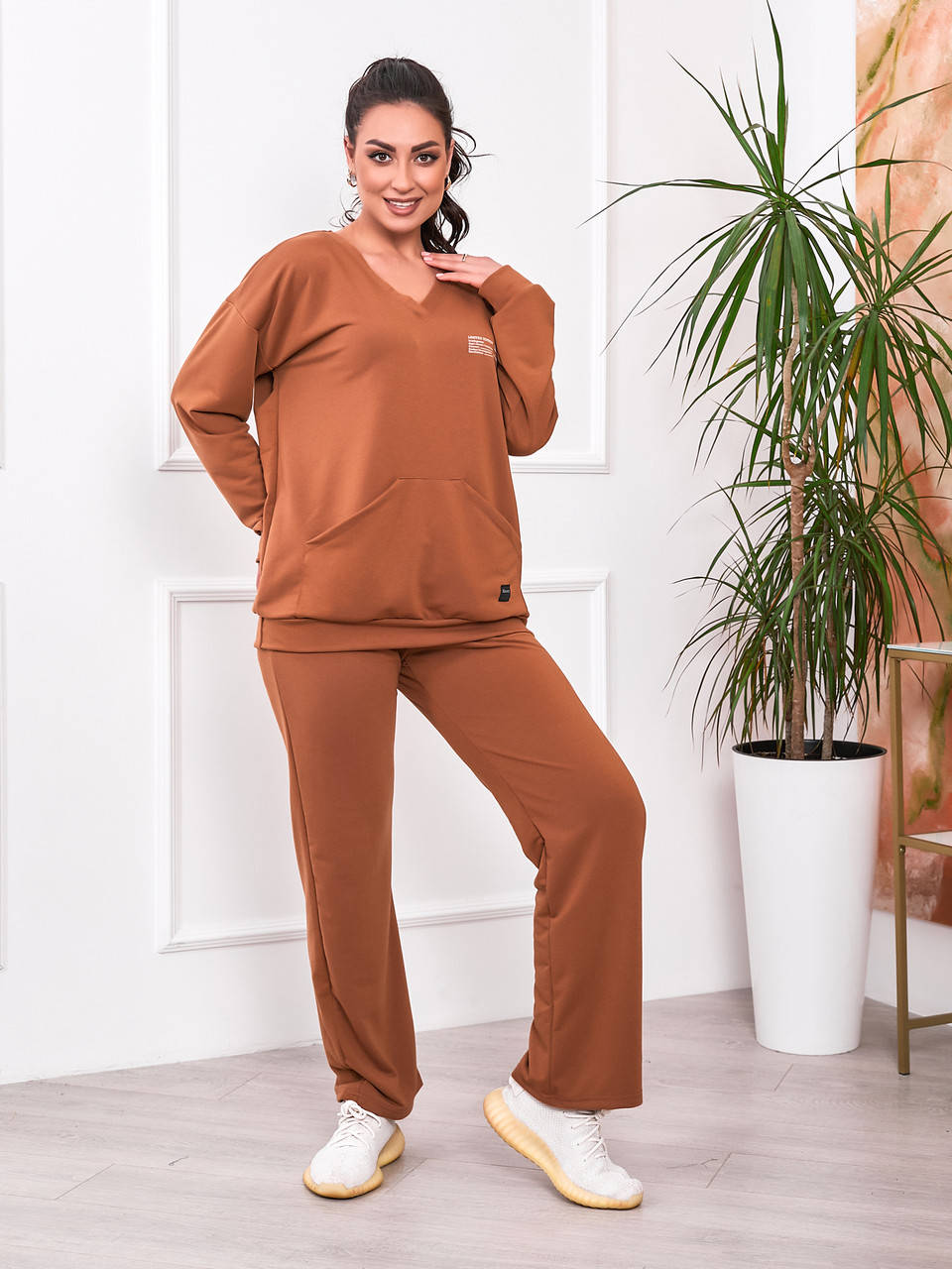 

Женский домашний трикотажный костюм широкого покроя, оверсайз 52/54, Коричневый