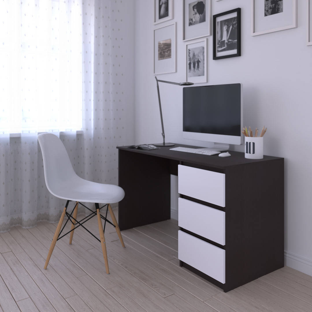 

Компьютерный стол, письменный стол с тумбой на три выдвижных ящика c фасадами без ручек R-1 Венге Темный / Белый фасад