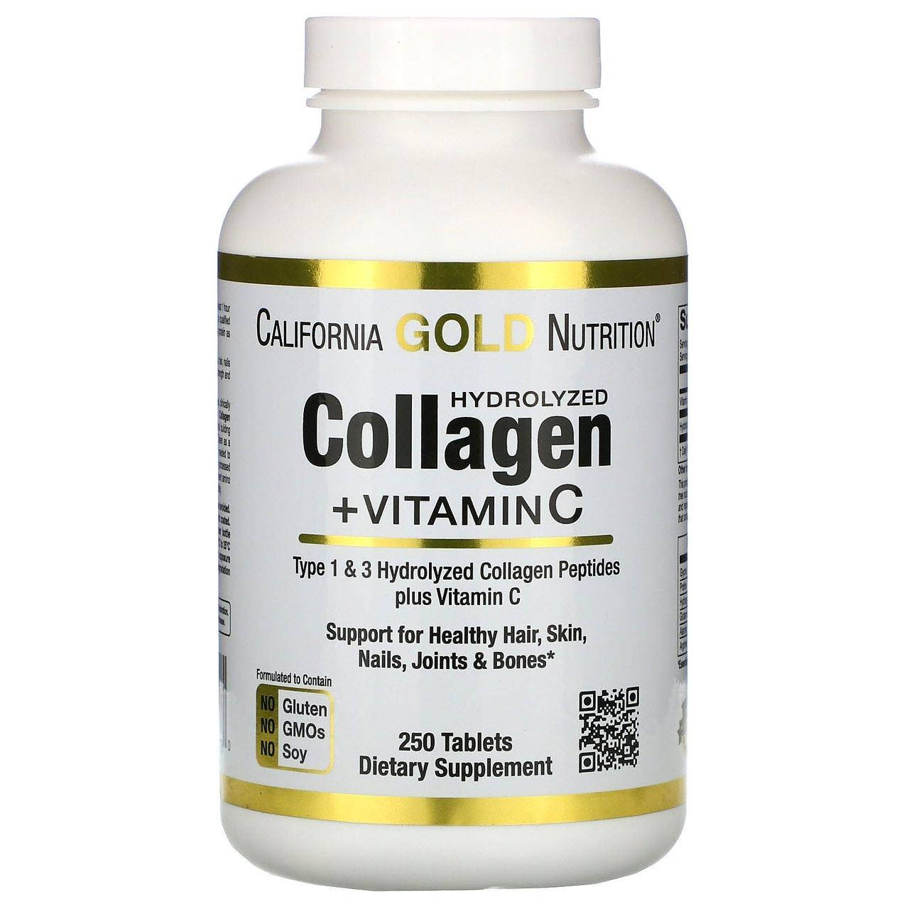 

California Gold Nutrition Hydrolyzed Collagen Peptides + Vitamin C, Type 1 & 3, 250 Tabs