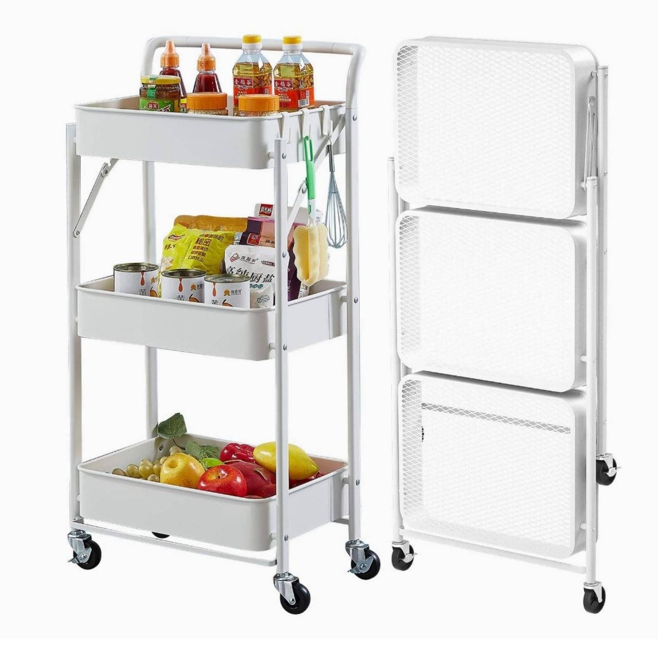 

Этажерка стеллаж металлический белого цвета на 3 полки на колесах