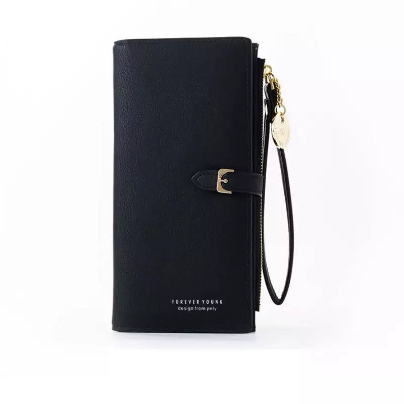 

Тонкий женский портмоне с ремешком эко-кожа чёрный, Черный