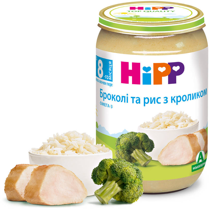 

Пюре брокколи и рис с кроликом HIPP от 8 месяцев 220 гр