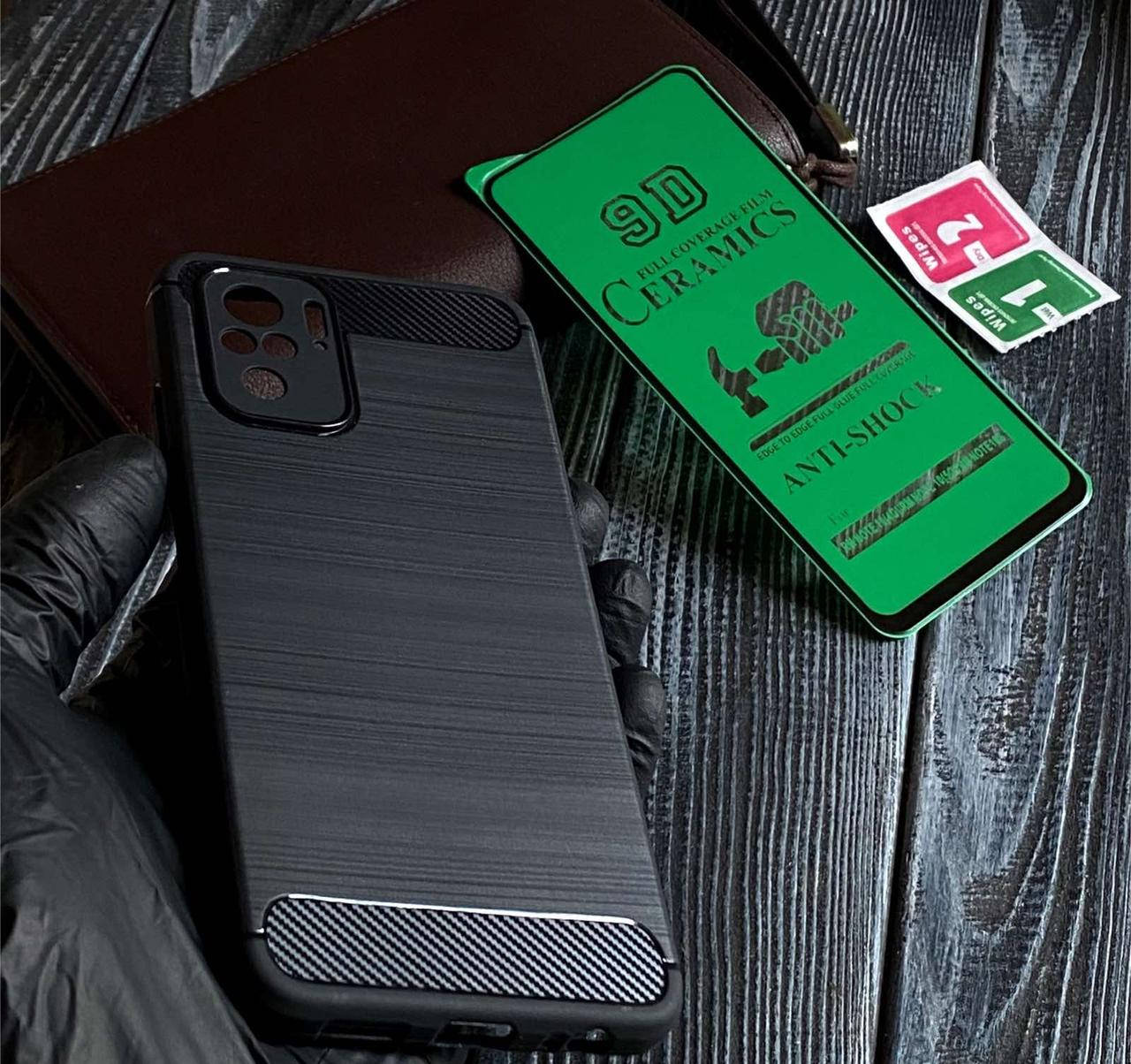 

Чехол CARBON Series + Защитное гибкое стекло для Xiaomi Redmi Note 10 / 10S, Черный