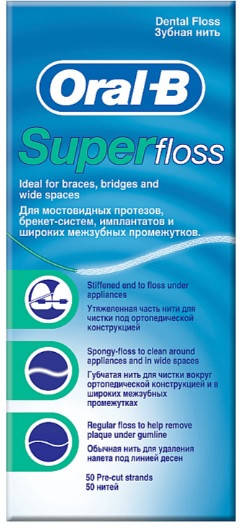 

Зубна нитка Oral-B Super Floss для брекет-систем и зубних протезів, 50 ниток, Белый