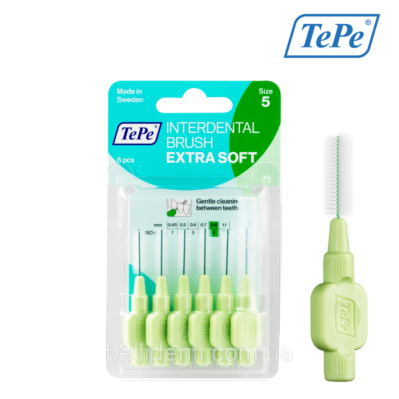

Межзубная щетка TePe Extra Soft, зеленая (0,8 мм), 6 шт.