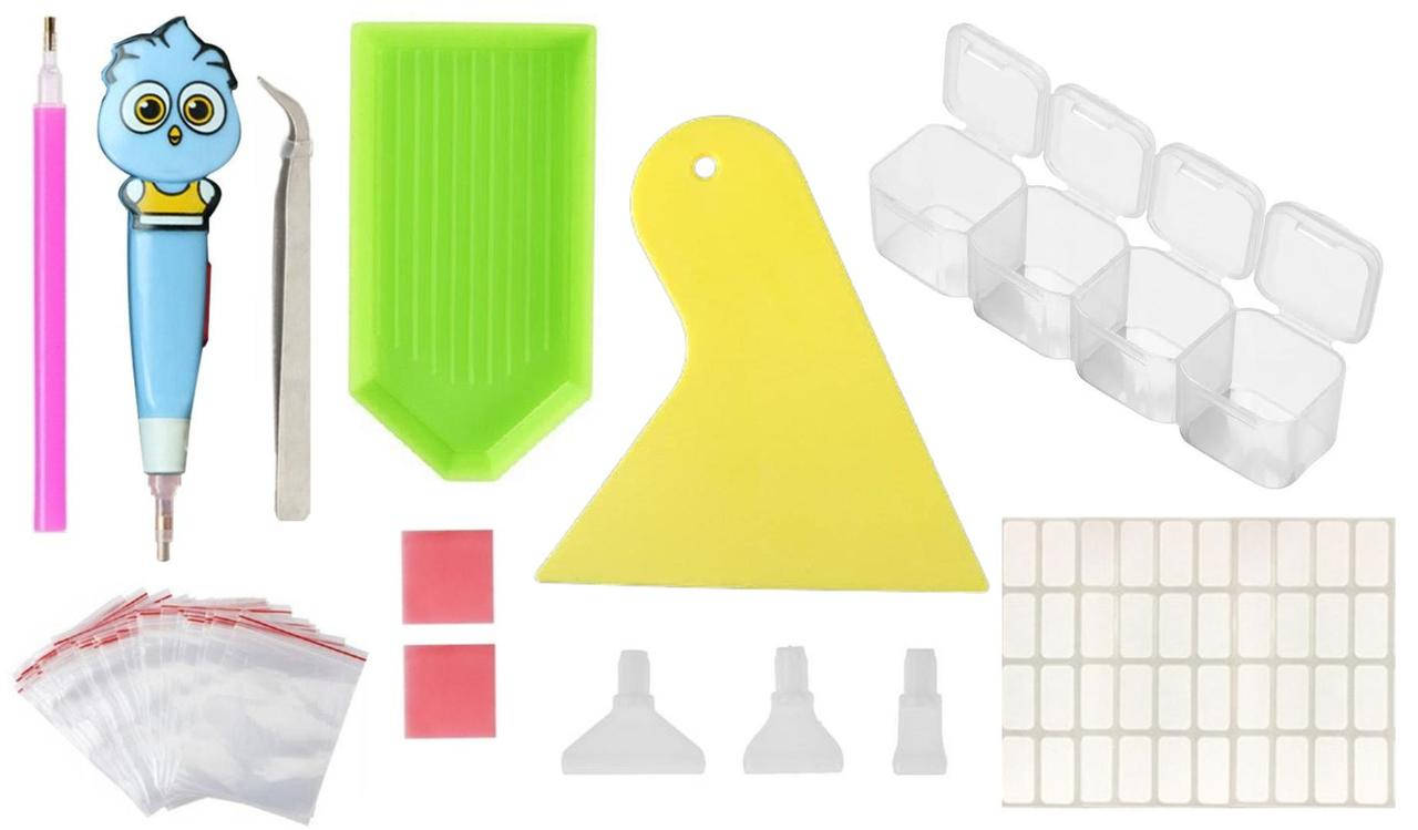 

Комплект инструментов для алмазной мозаики со светловым стилусом и шпателем набор 24 элементов голубой