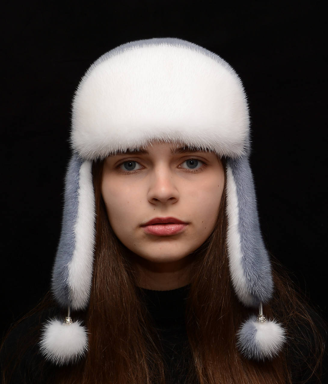 

Норковая женская шапка Ушанка комбинированная, Светлый джинс