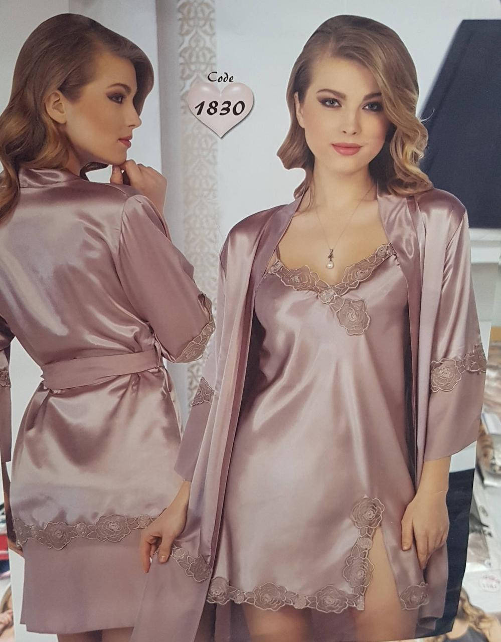 

Пеньюар женский атласный «Jasmin» с халатом украшенный кружевом (S-XL), Кофе с молоком