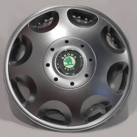 

Колпаки Skoda R15 зеленая эмблема, серебро - (SJS ke528) - комплект (4 шт.)