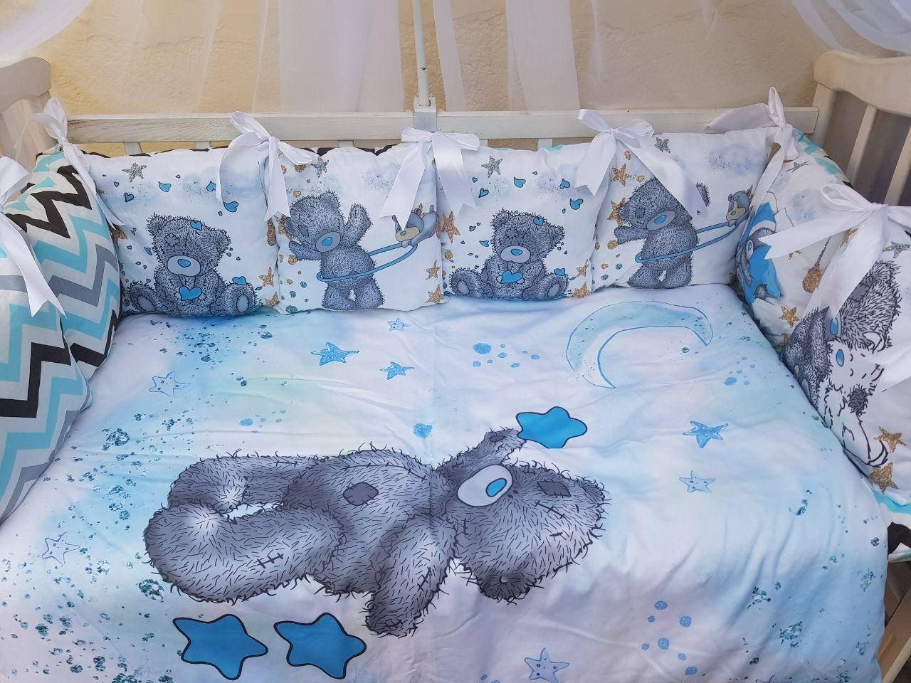 

Детское постельное белье в кроватку "Принт", комплект постельного белья в кроватку 7 предметов Тедди голубой