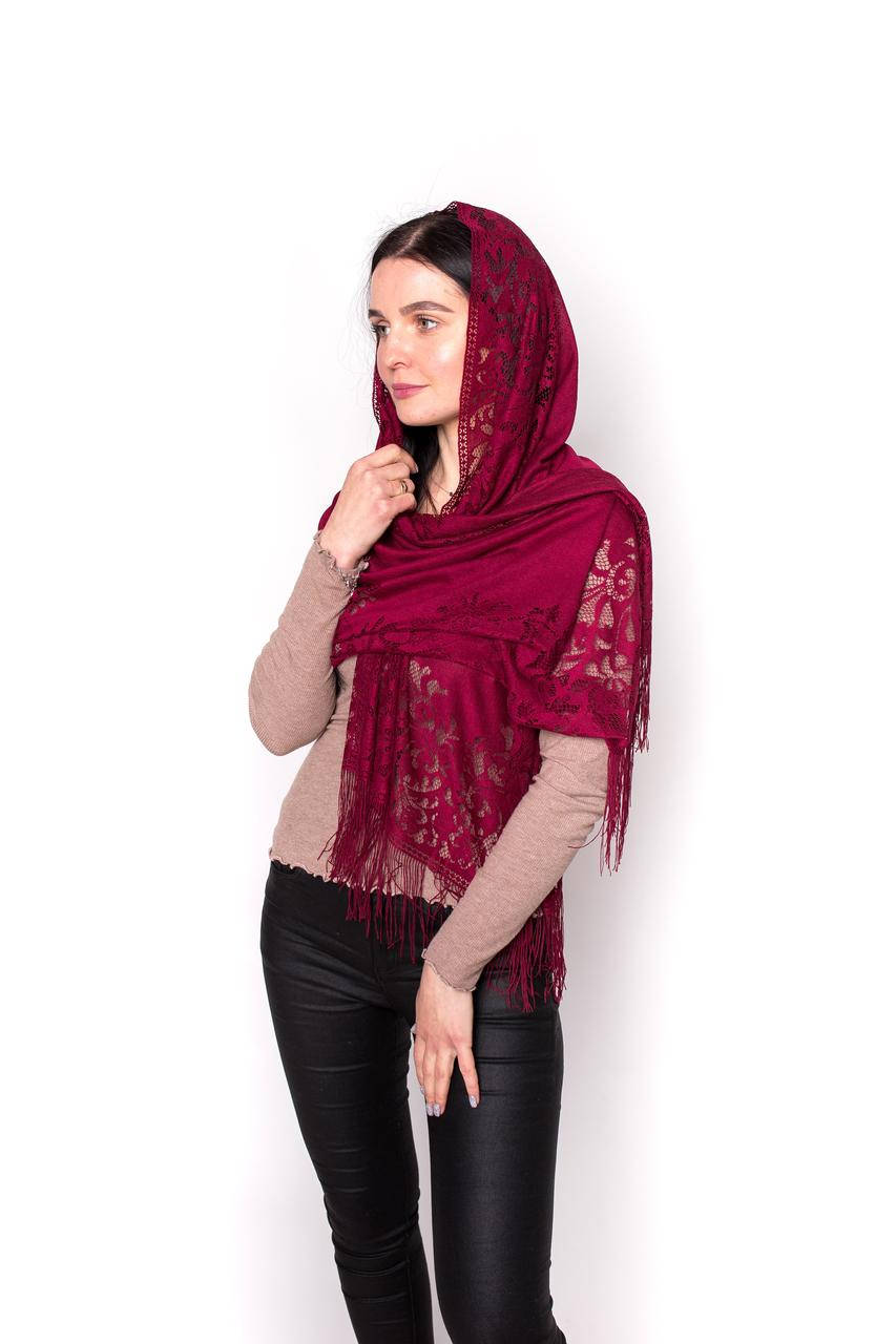 

Палантин шарф женский однотонный в церковь сетка с бахромой бордового цвета, Бордовый