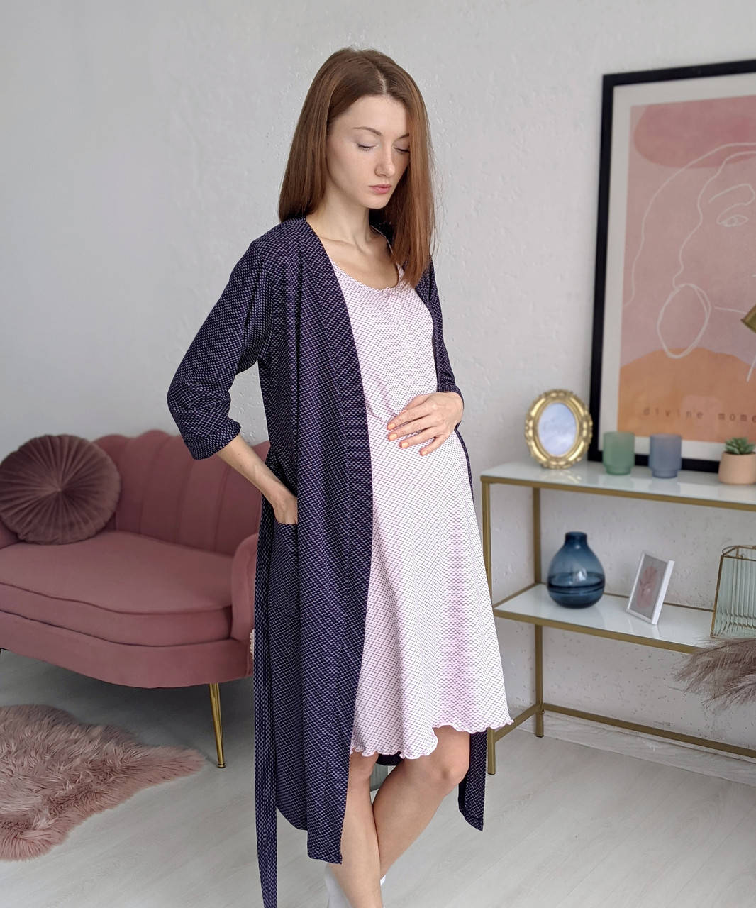 

Комплект халат и ночнушка в роддом Бантики (синий/розовый)