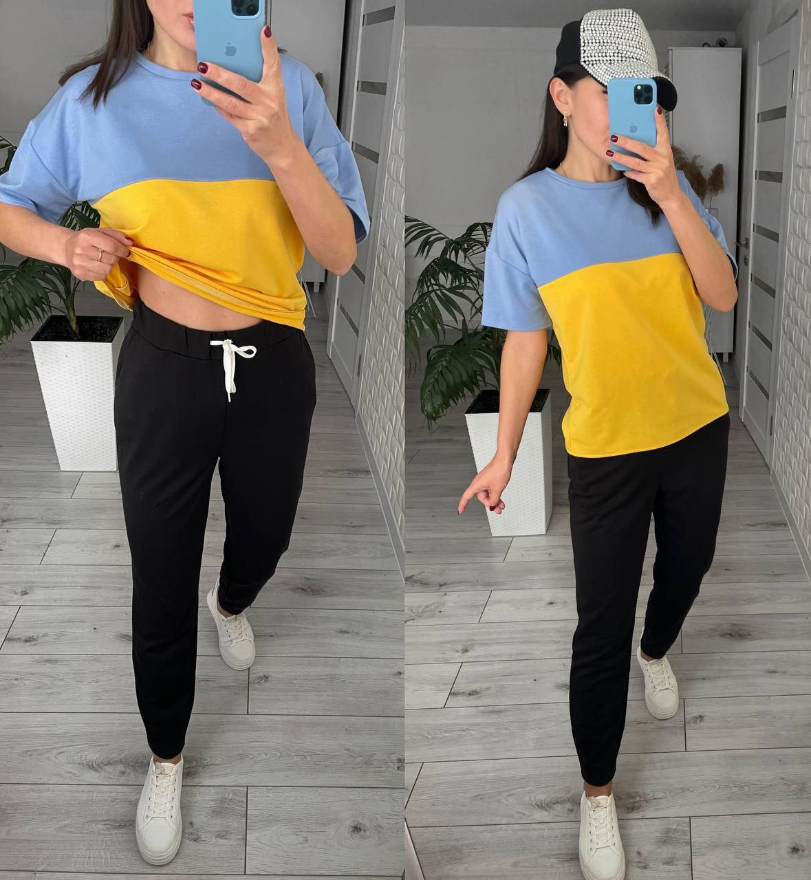 

Женский патриотичный костюм, с флагом Украины, футболка (желто-синяя) + штаны, двунитка, Черный