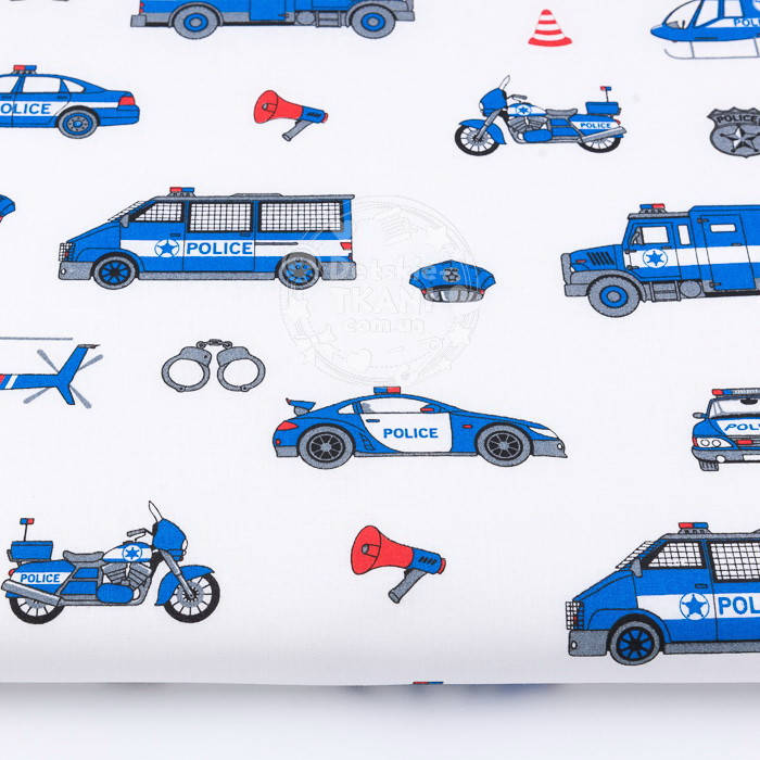 

Ткань бязь "Синие машинки Police", фон - белый, №2964