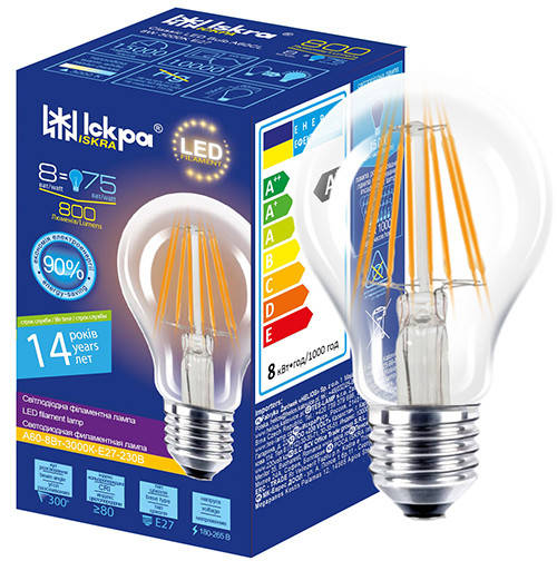 

Світлодіодна лампа ІСКРА LED Filament A60 8W 3000K E27 (clear, прозора) філамент, Филамент