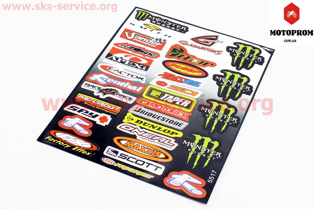 

Наклейки на мотоцикл,мопед,скутер планшет "Monster" набор 30шт 20х25, 5517