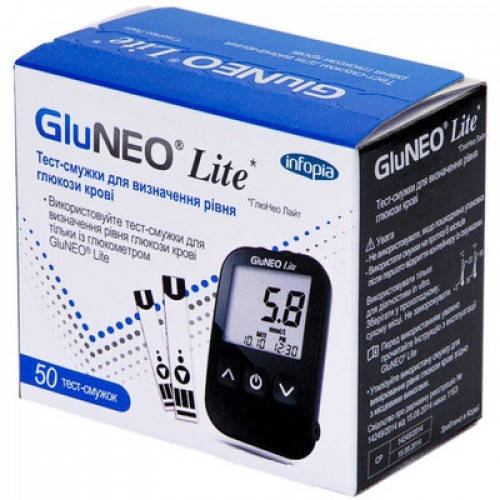 

Тест-полоски GluNeo Lite 50 шт. в 2 флаконах по 25 шт. для определения глюкозы в крови глюкометром ГлюНео Лайт