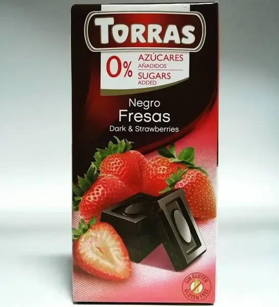 

Шоколад без сахара Torras черный с кусочками клубники Испания 75 г