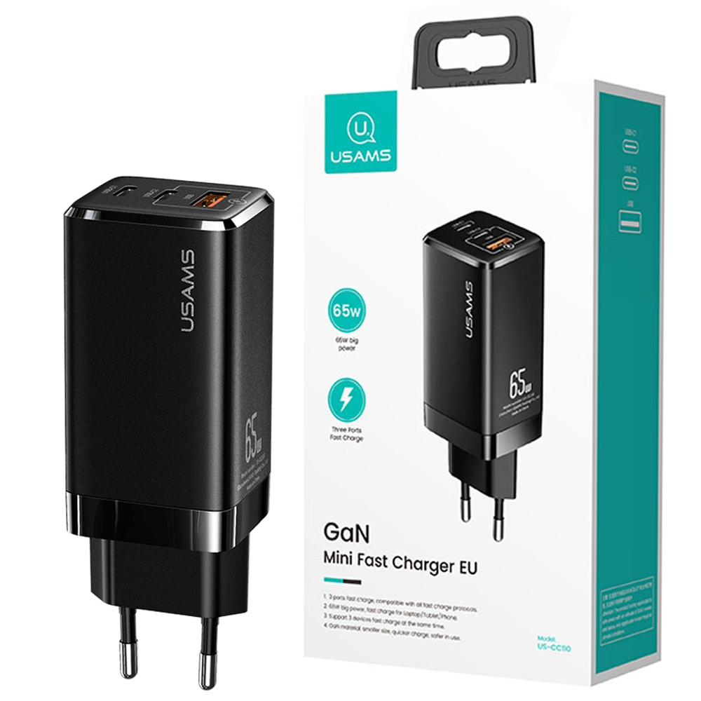 

Быстрая и мощная зарядка Usams CC110 GaN 65W Mini Fast Charger USBx1 / Type-Cx2, Черный