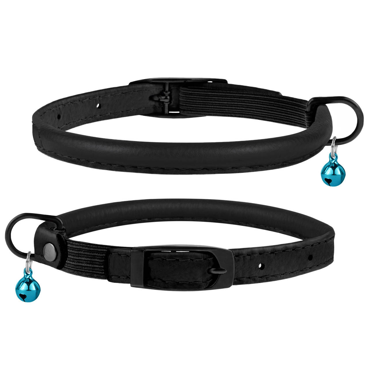 

Ошейник для кошек круглый кожаный Bronzedog Premium с резинкой и колокольчиком черный